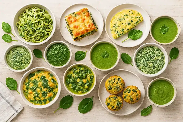 Fresh spinach and herb dishes served with spinach-flecked muffins and layered lasagna. A vibrant display of healthy, flavorful spinach recipes.