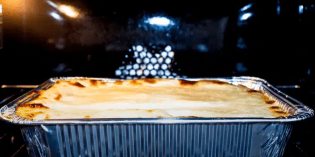 Reheated lasagna hot from the oven