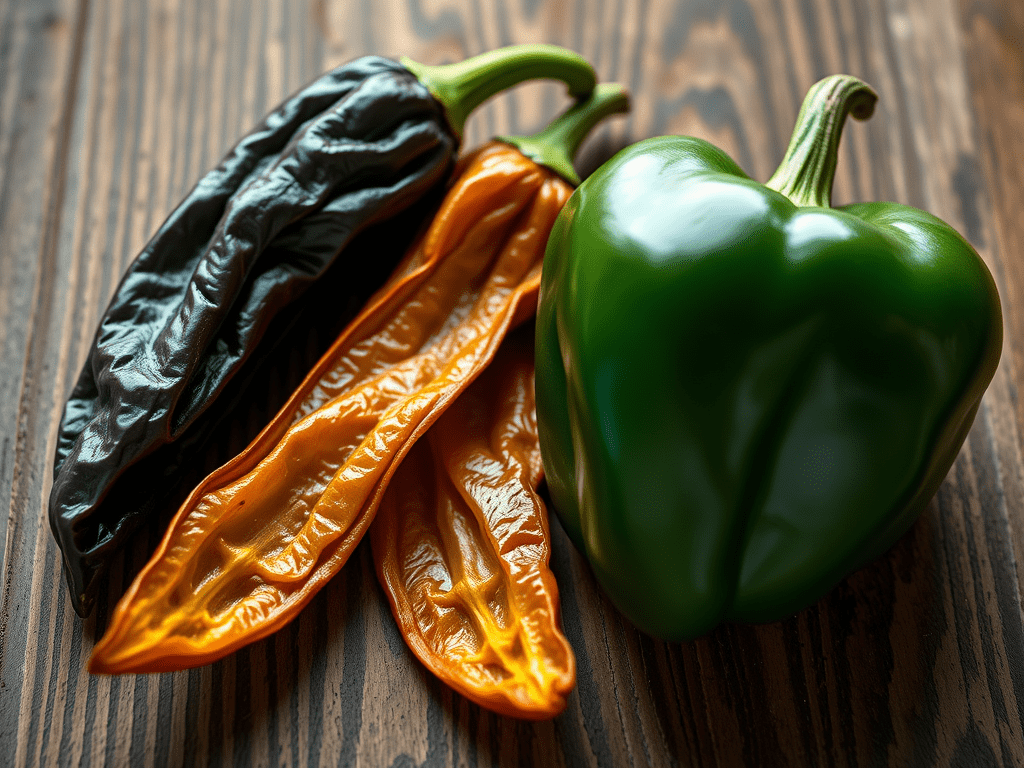 Poblano Pepper: Fresh poblano peppers on a cutting board, ideal for stuffing or roasting.