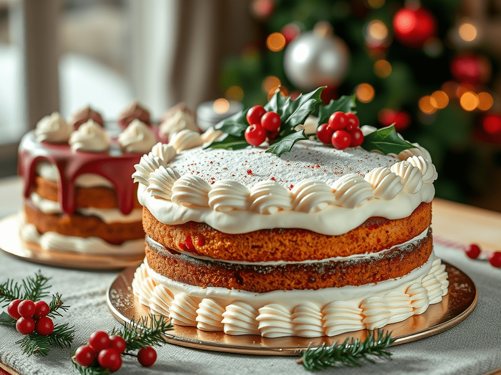 Traditional Christmas Cakes on Rustic Table