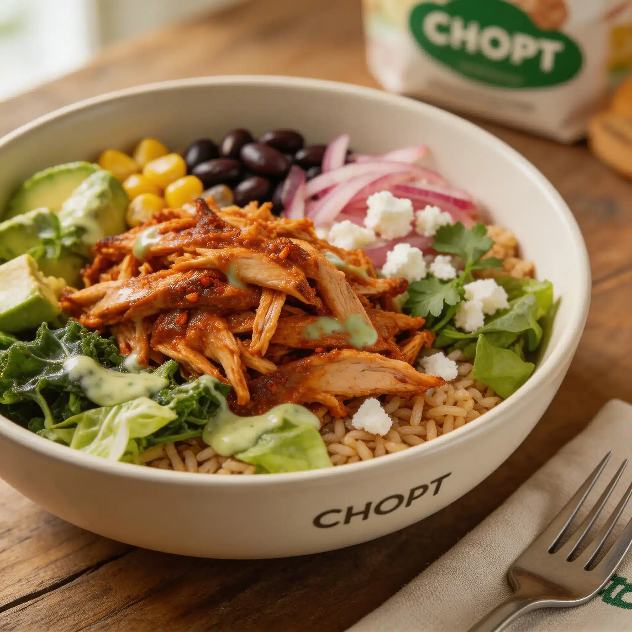 A high-fidelity stylized representation of the Chopt spicy chicken rice bowl alternative, showcasing hearty grains and concentrated spices.