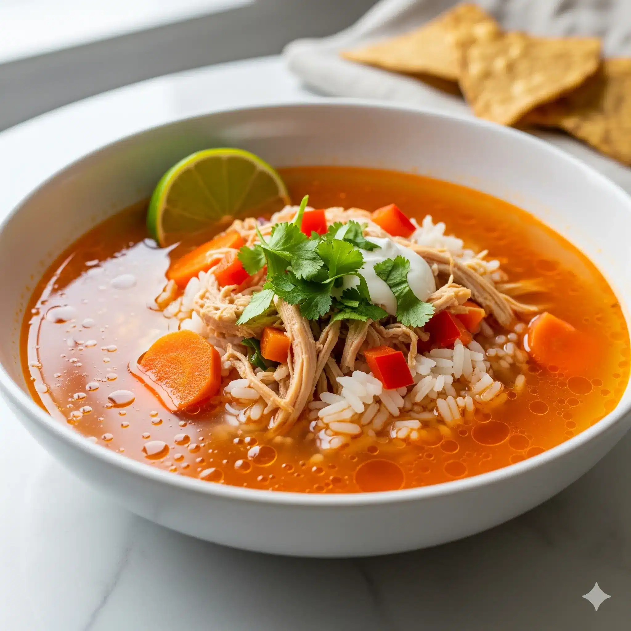 A stylized, vibrant representation of Chopt Spicy Chicken Soup, showcasing the clear, fiery broth achieved through the flavor bloom technique.