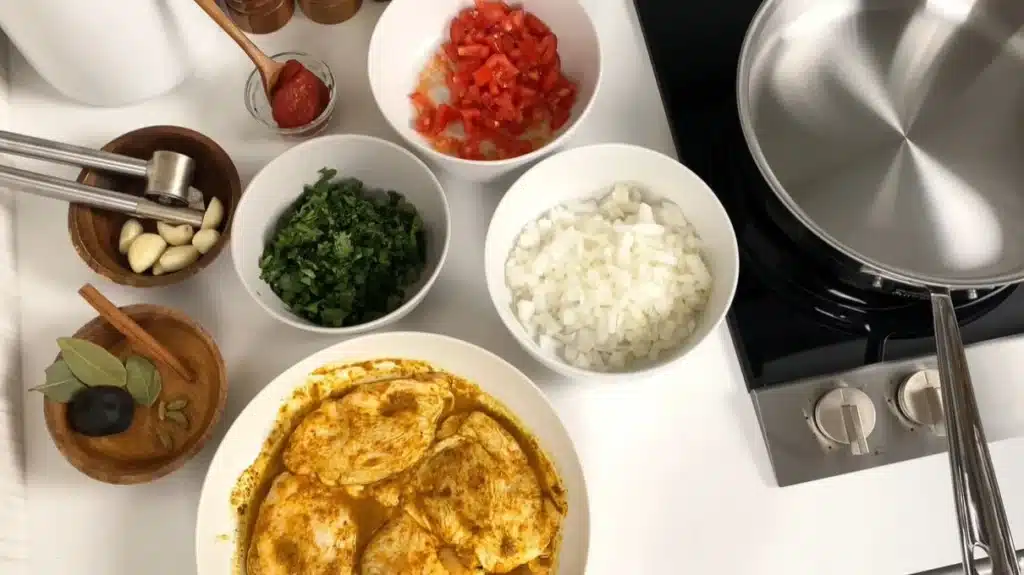 Fresh Chicken Kabsa ingredients including marinated chicken chopped onions tomatoes garlic fresh herbs bay leaves cinnamon cardamom and other aromatic Middle Eastern spices ready for cooking