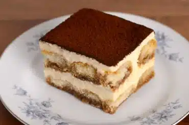 Delicious Terra Massoud Recipe dessert featuring layers of coffee-soaked ladyfingers, creamy mascarpone, and a dusting of cocoa powder, served on a floral-patterned plate.