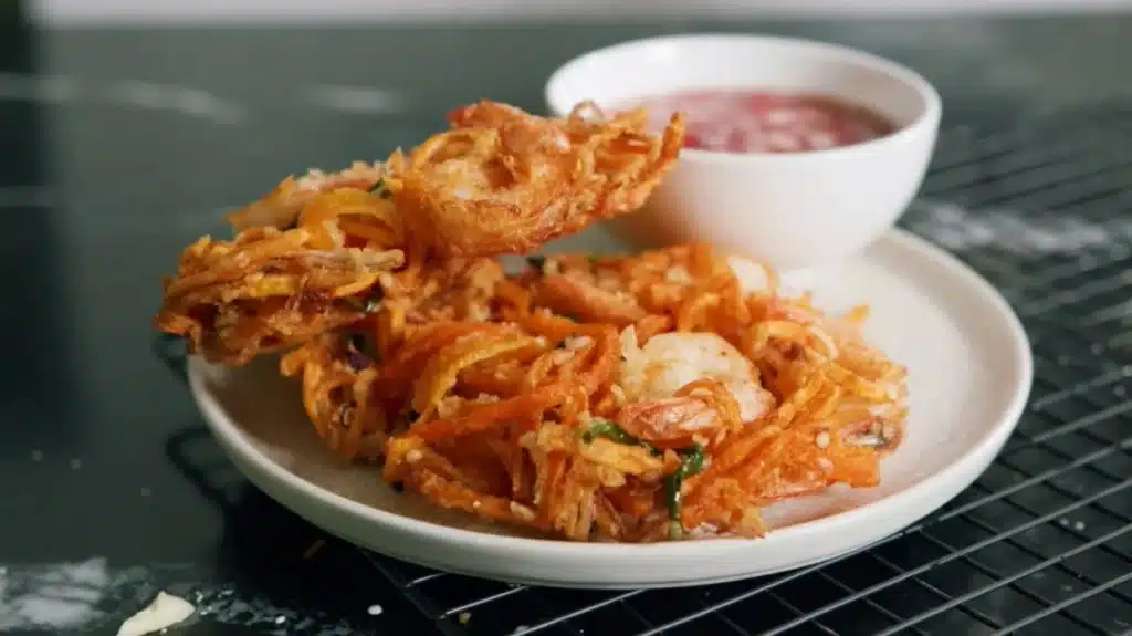 How to Make Sweet Potato Ukoy With Palabok Recipe 1 Crispy sweet potato ukoy with shrimp and palabok sauce