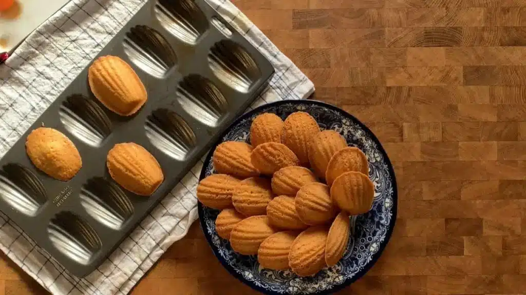 Freshly baked Madeleine cookies on decorative plate with baking tray