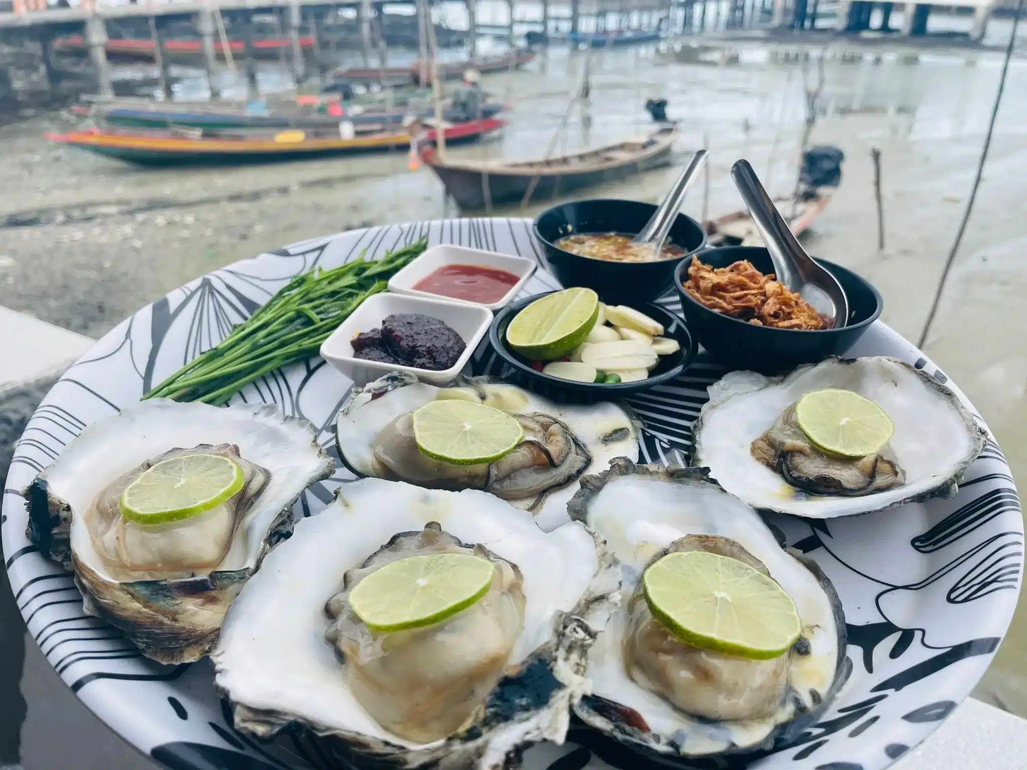 Five fresh oysters on a plate with lime, chili, and garlic, with a fishing boat visible in the background.