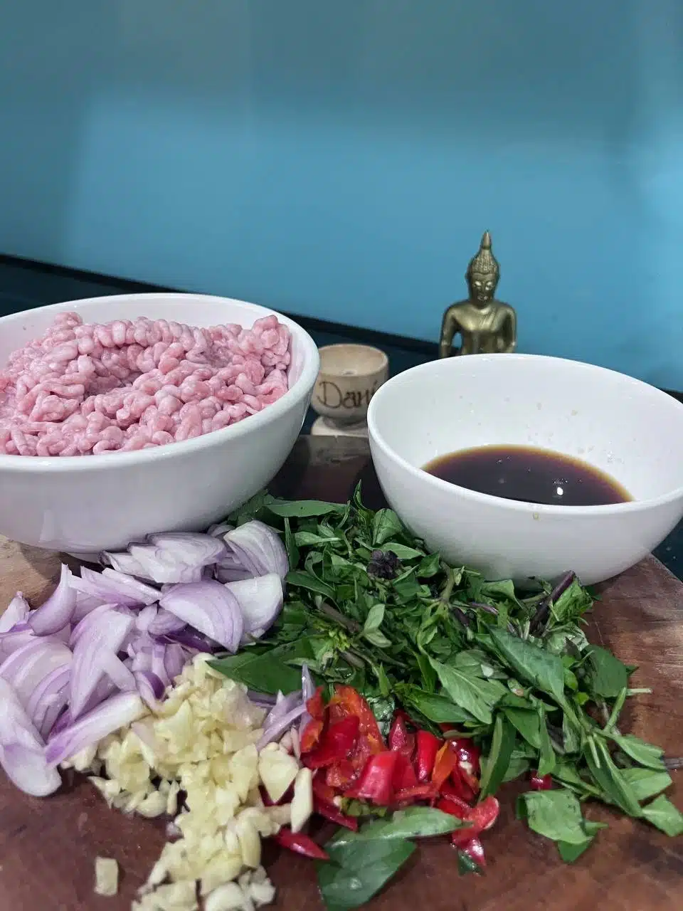Late-night ingredients for Pad Kra Pao on Daniel’s birthday