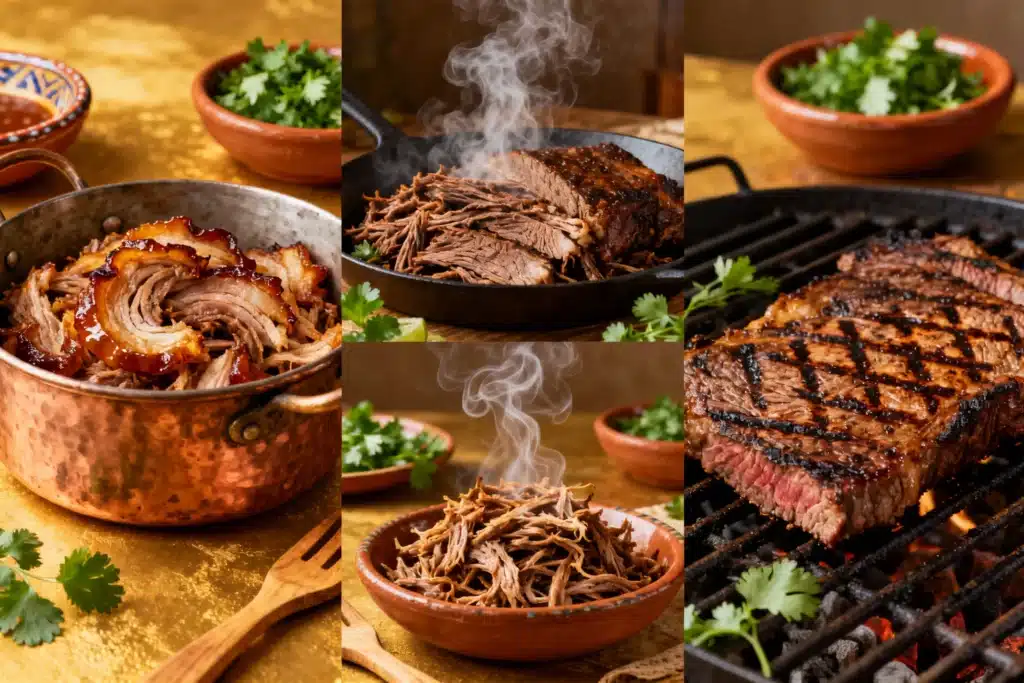 Authentic Mexican carnitas simmering in its own rendered fat inside a traditional cazo de cobre copper pot.