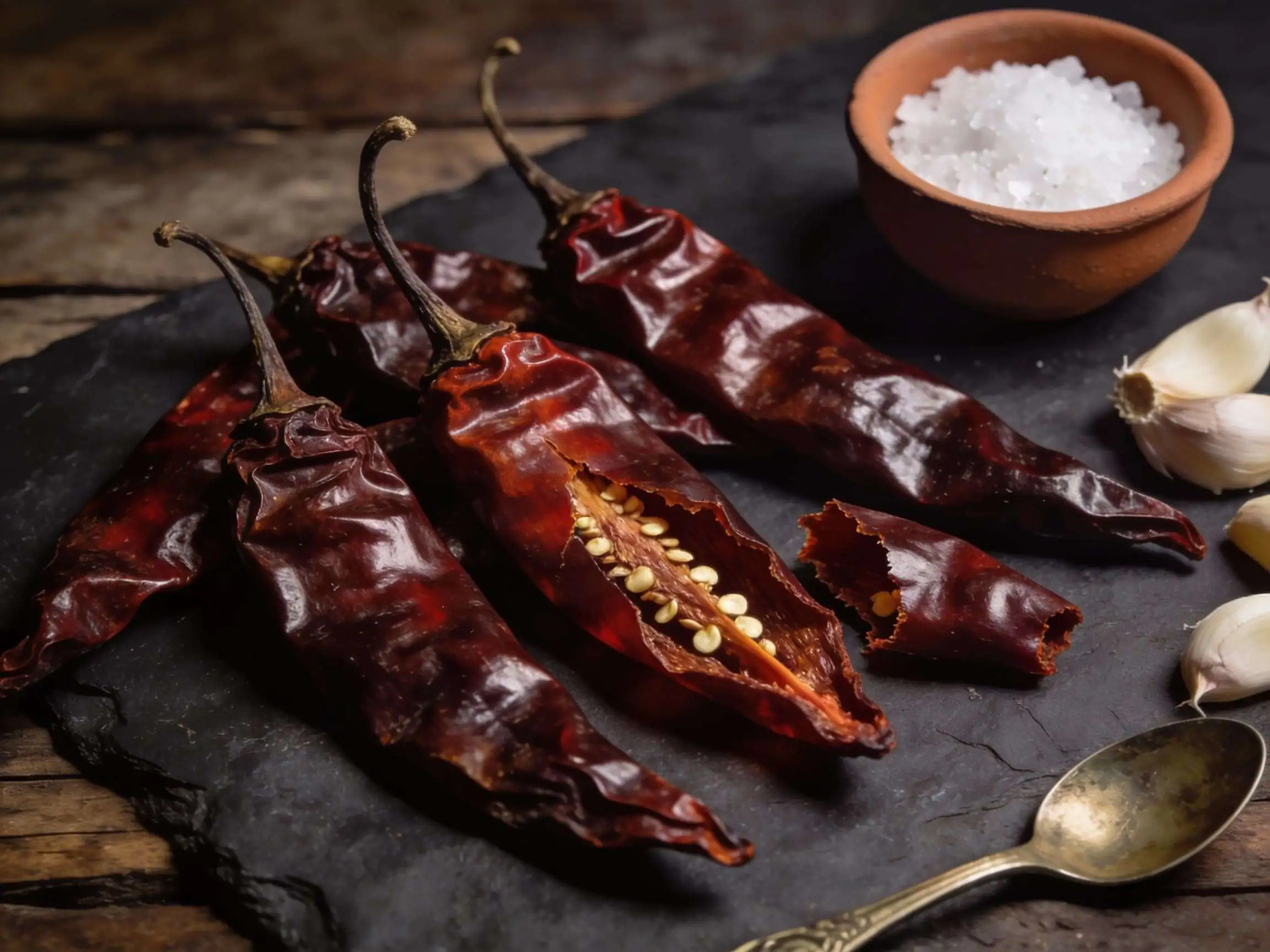Dried Guajillo chiles on a slate board with salt, garlic, and a culinary spoon.