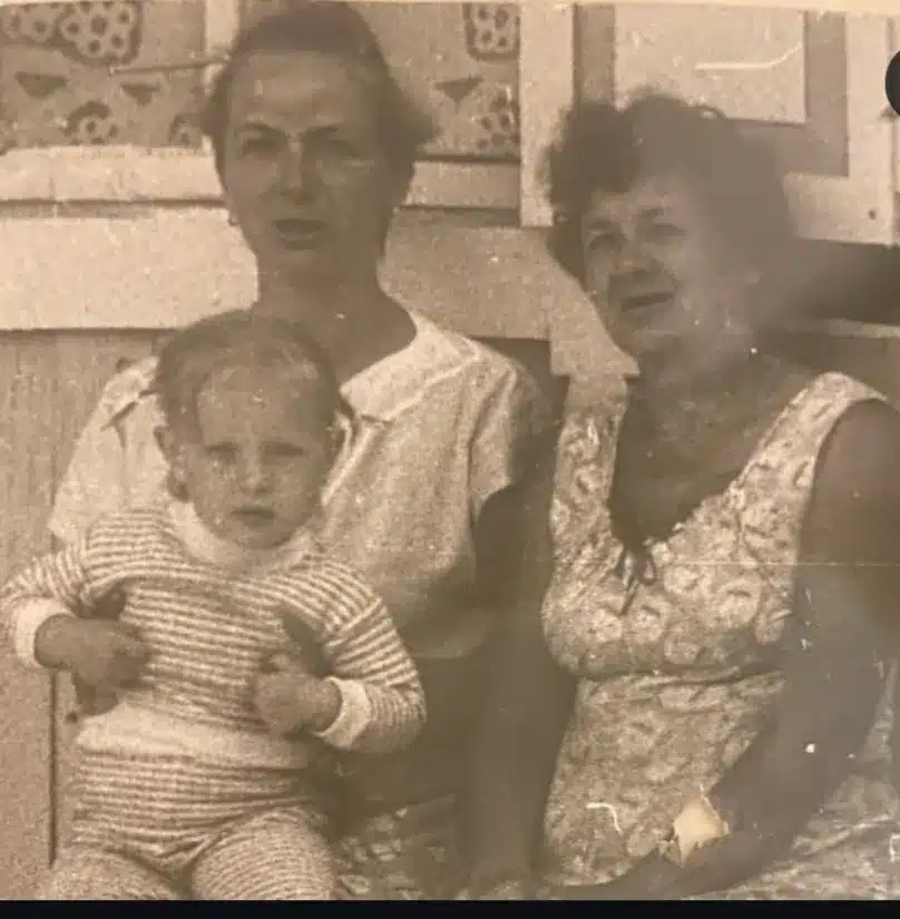 1991 Soviet-era archival family photo: Grandmother Valentina Moskalenko teaching daughter Elena and 2.5-year-old granddaughter Natalia Mayerhoffer the authentic Olivier Russian Salad recipe at their family summer dacha.