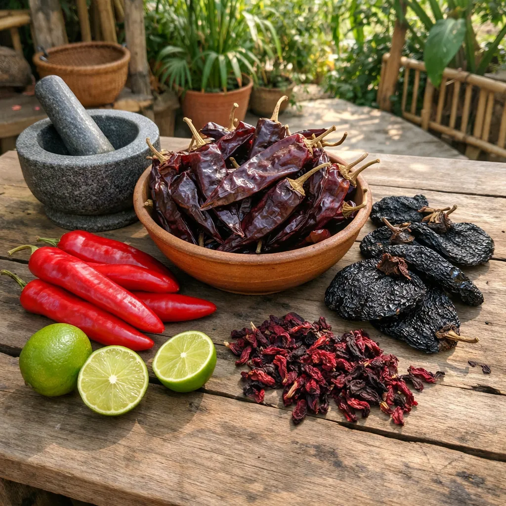 A visual comparison of dried hibiscus petals next to Ancho and New Mexico chiles, illustrating the Nomad Tannin Hack.