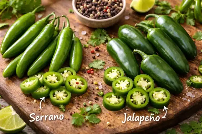 Serrano vs. Jalapeño chilis on a chopping board representing the comparison