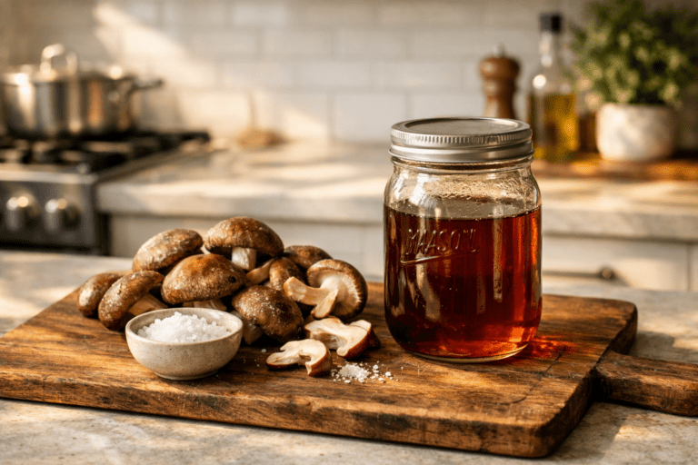 A jar of zero-waste homemade mushroom garum next to fresh shiitake mushrooms on a modern kitchen counter.