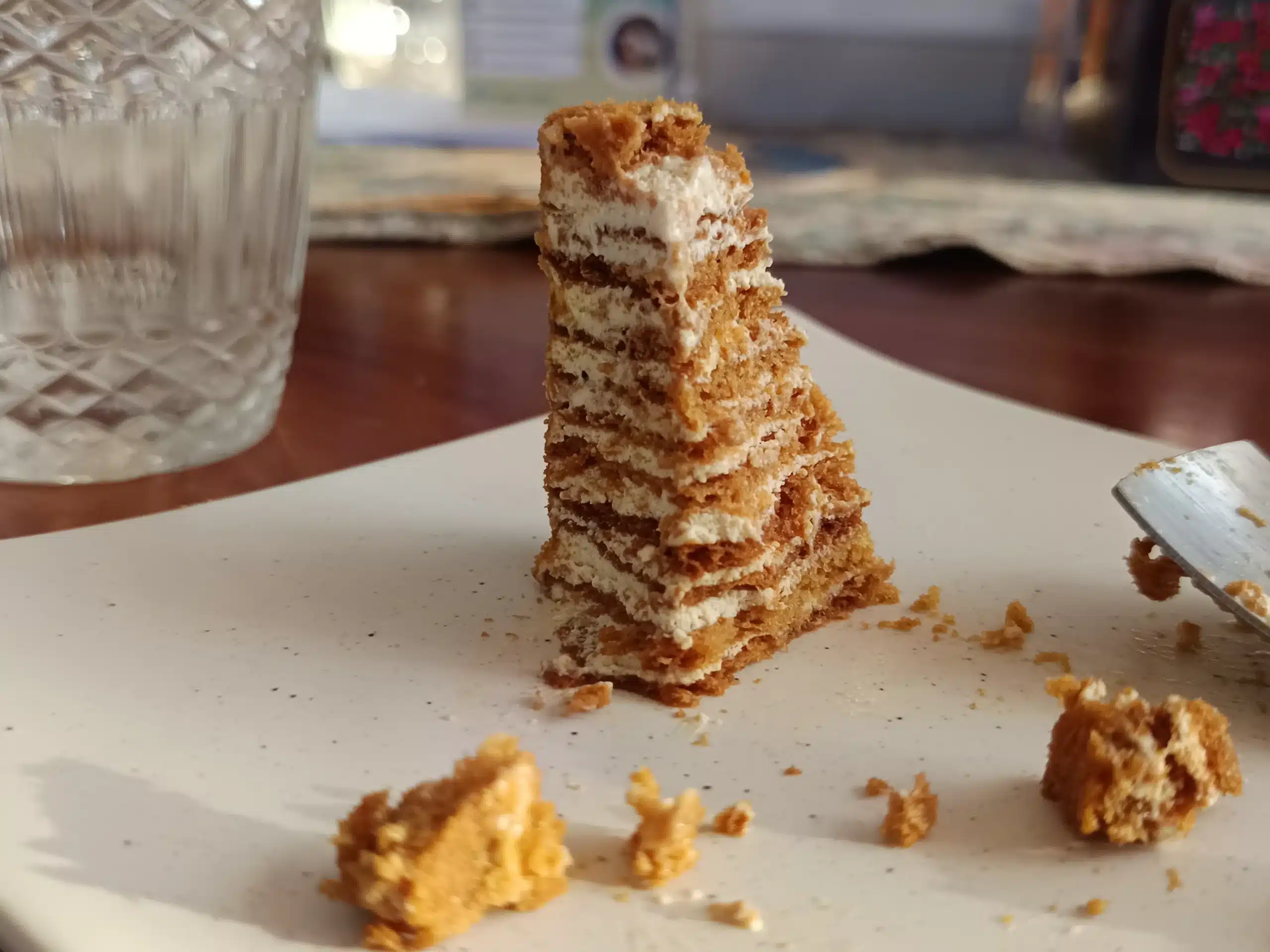 A small piece left on the plate of the Classic Honey Cake at Hinkali House Hua Hin, enjoyed by the Mayerhoffer family.