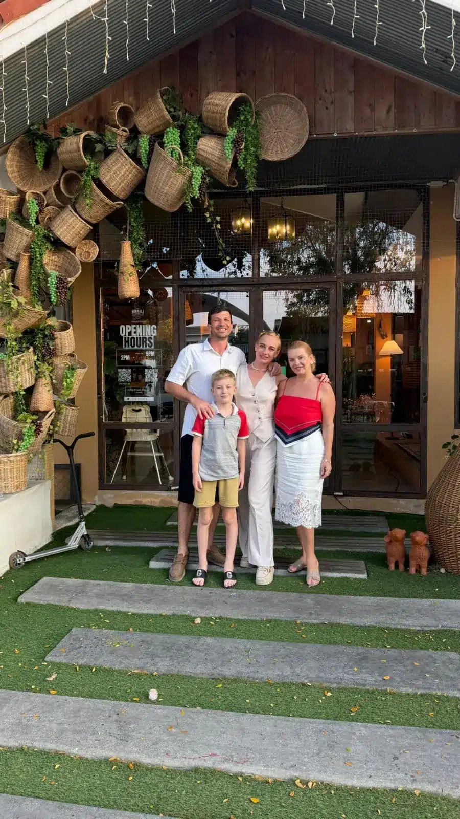 The Mayerhoffer family with Olesya, the co-founder of Hinkali House Hua Hin, documenting family food travel in Thailand.