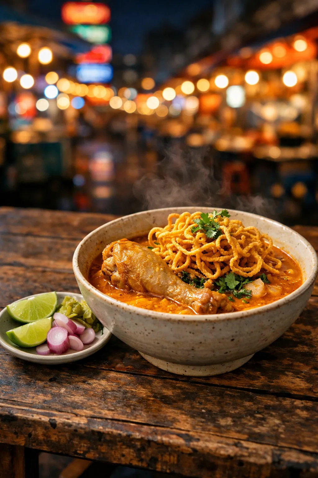 A steaming bowl of authentic Khao Soi at a Bangkok night market, representing safe and traditional Thai street food for expat families.
