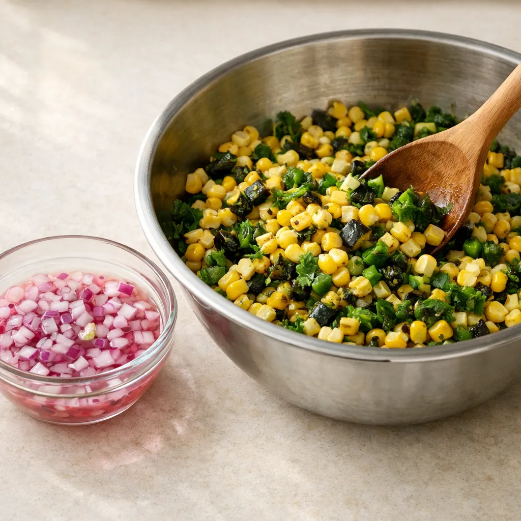 a small glass bowl of finely diced red onion soaking in lime and lemon juice (slight pink bleed visible), next to a large mixing bowl filled with charred corn, diced roasted poblano, minced jalapeño, cilantro, and