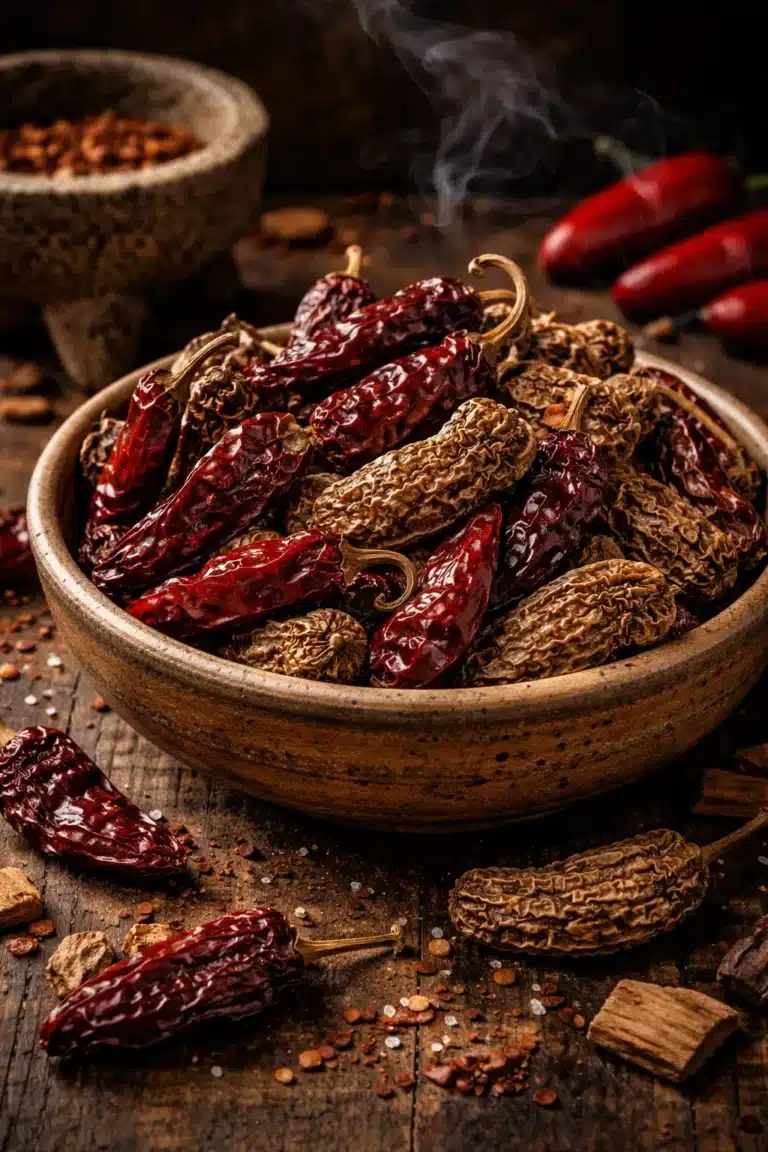 Rustic bowl of chipotle peppers