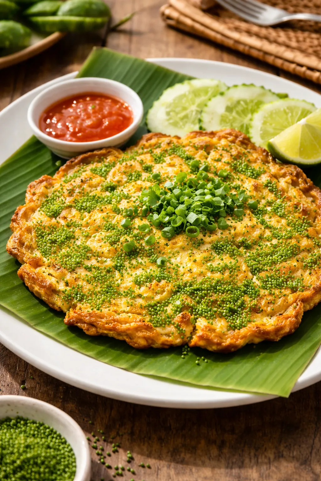 A traditional Thai omelette (Khai Jiao) infused with vibrant Khai Pham green caviar beads