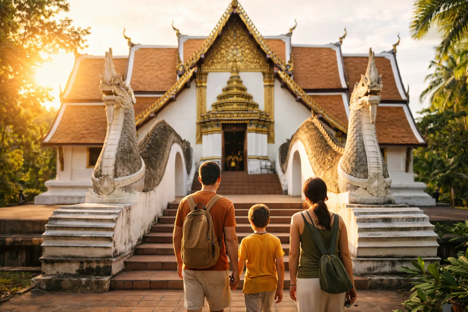 Family visiting a temple in Nan, Thailand