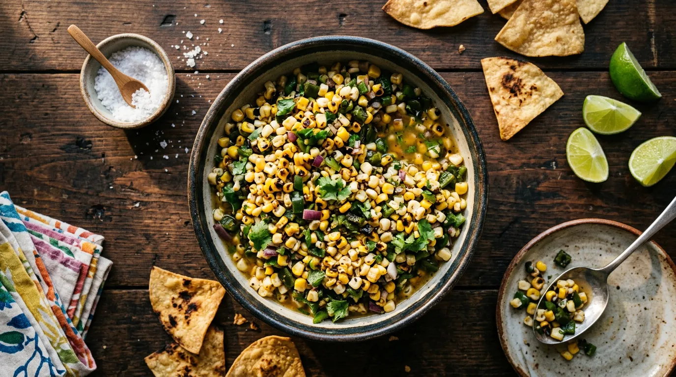 finished roasted chili corn salsa (charred corn, cilantro, onion, peppers).