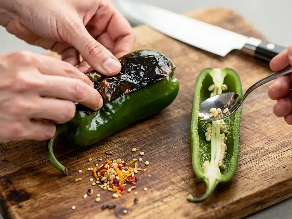Removing seeds from a jalapeño to control heat levels according to the Victor-Tested standard.