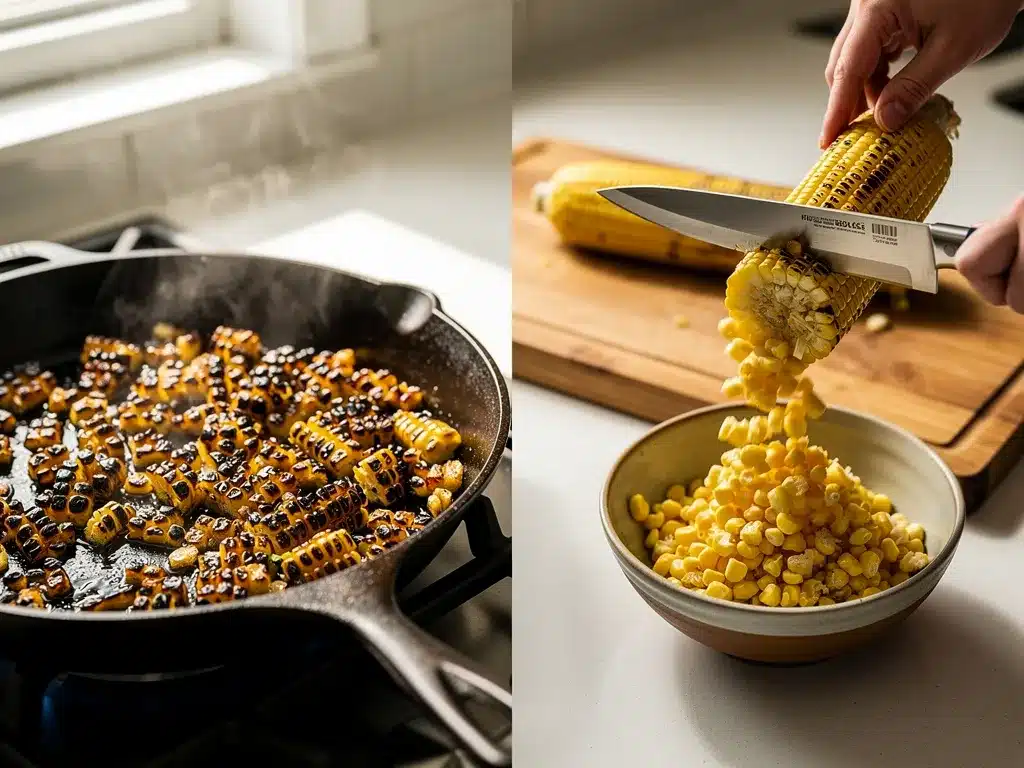 Charring corn kernels in a cast-iron skillet to trigger the Maillard reaction for smoky flavor.