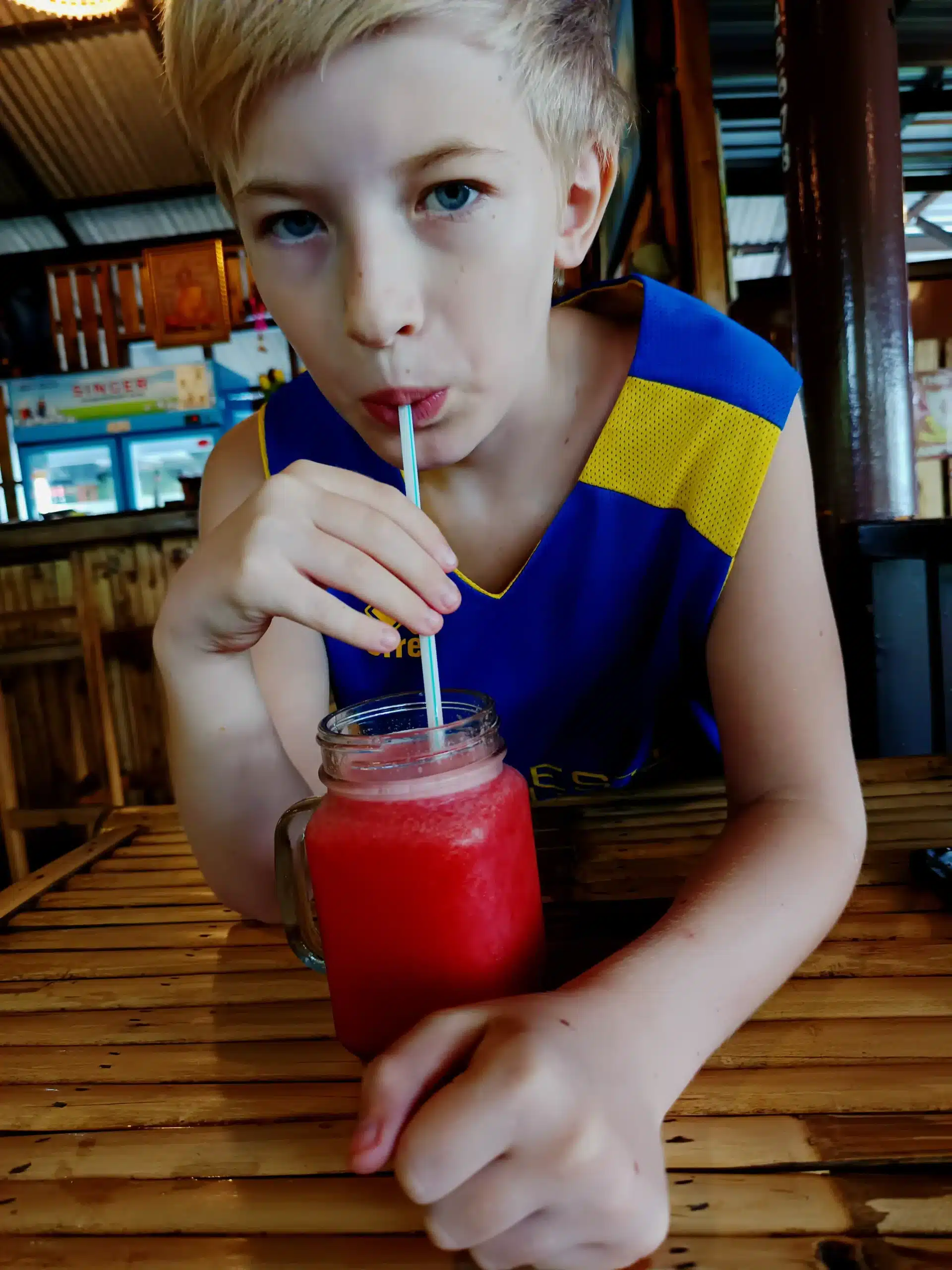 Victor drinking watermelon shake at Kai Bar, Lamai, Koh Samui.