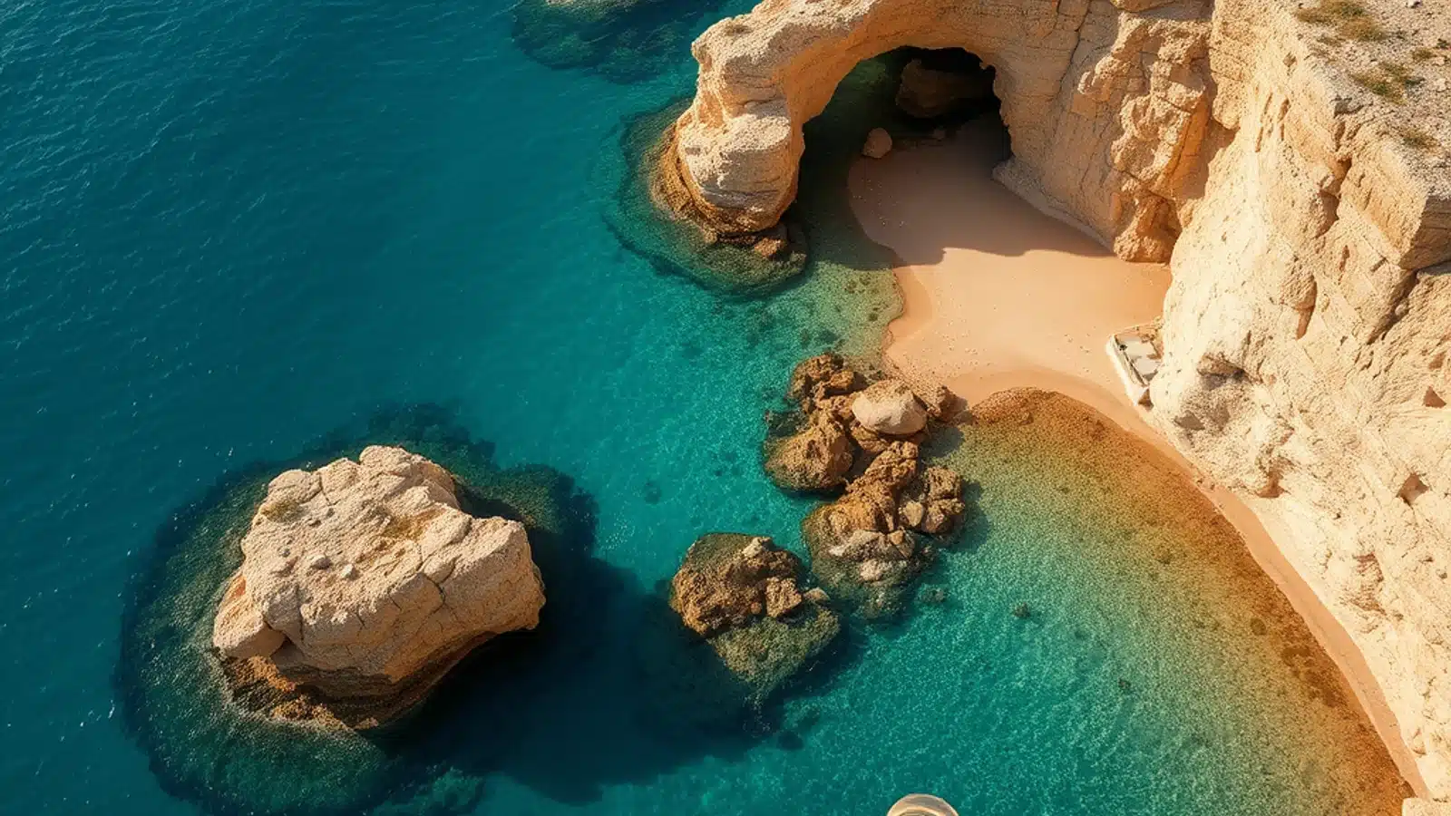 Illustrative aerial south Cyprus coastline for family travel guide 2026