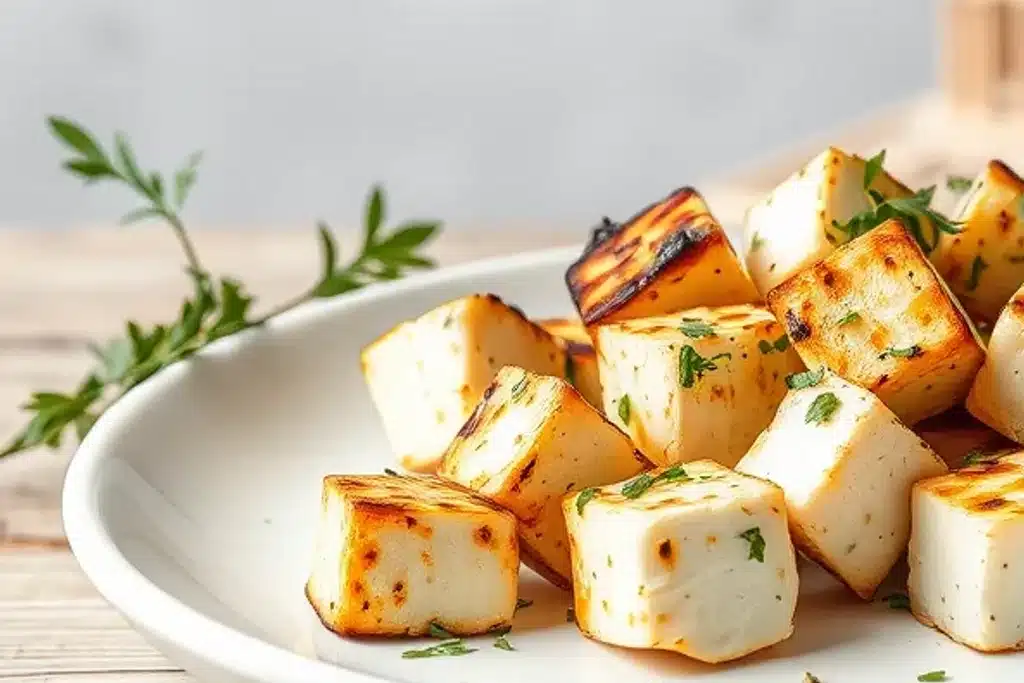Illustrative grilled halloumi on a ceramic plate