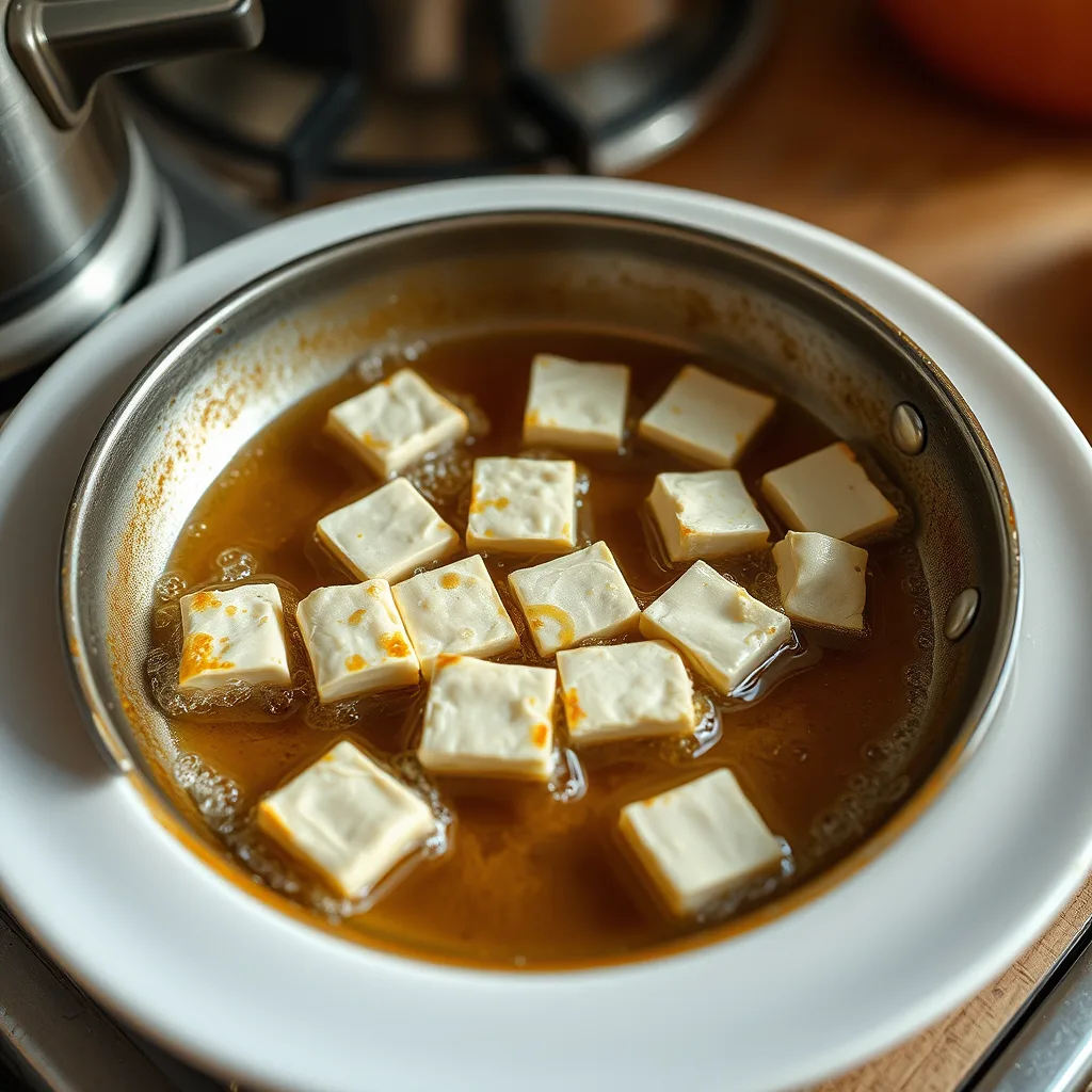 Illustrative tofu frying in a single layer in oil