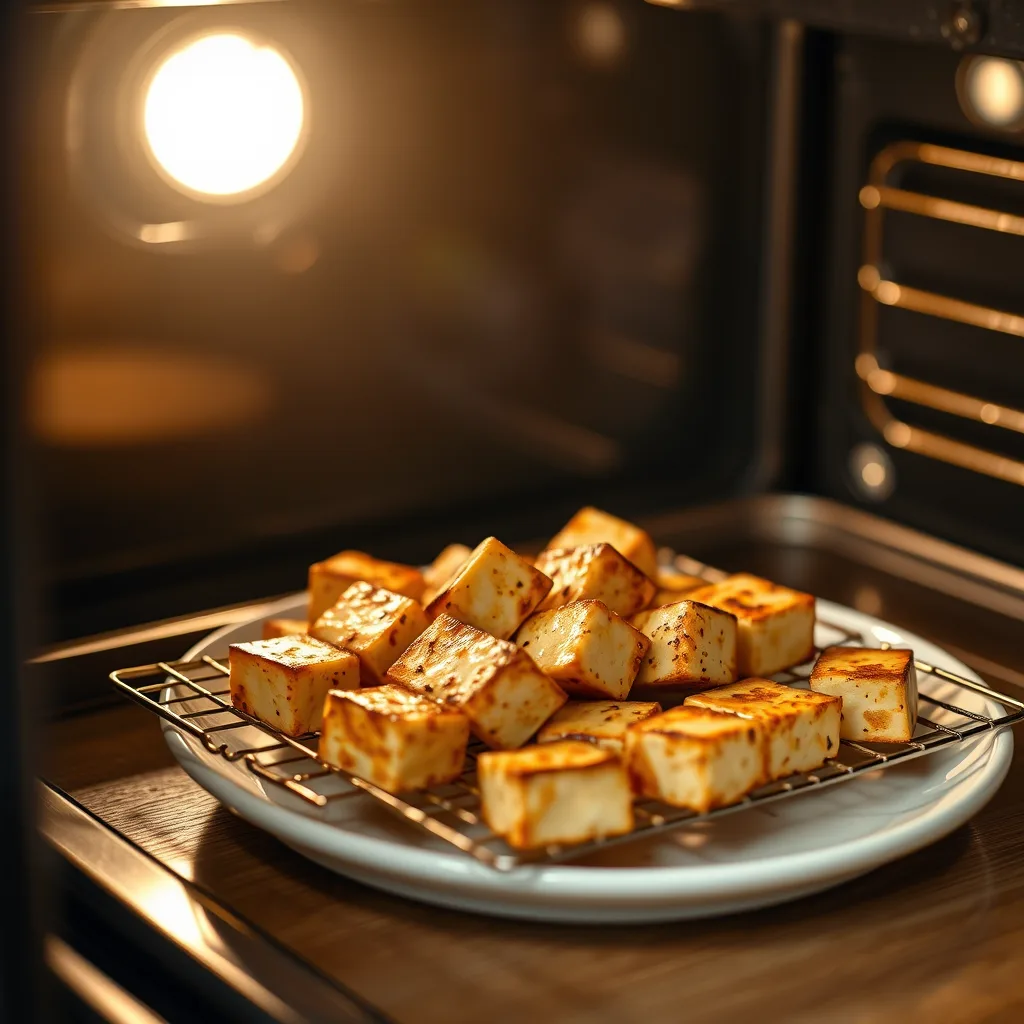 Illustrative tofu baking on a rack in the oven