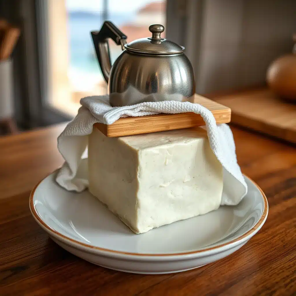 Illustrative extra-firm tofu pressing under a board
