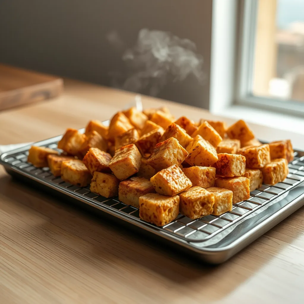 Illustrative fried tofu draining on a wire rack