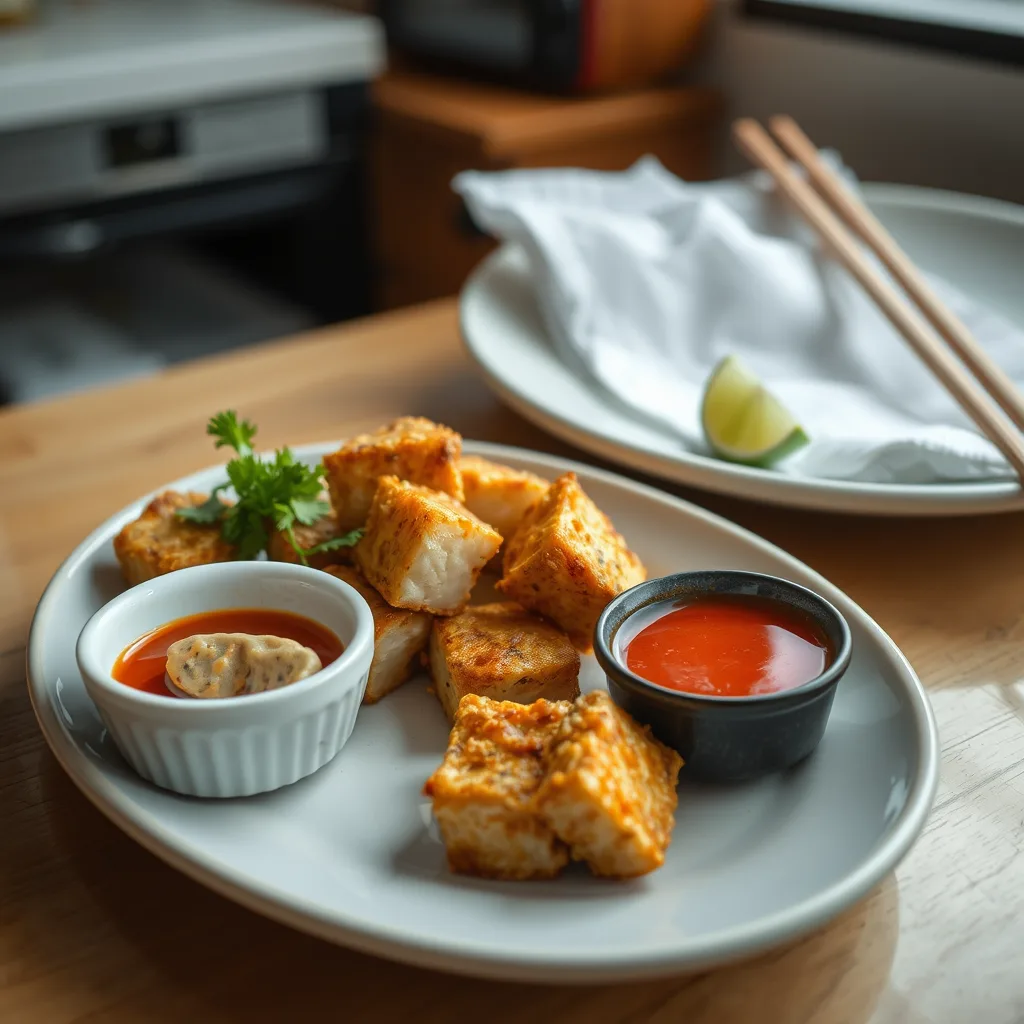 Illustrative chili-lime dip beside fried tofu