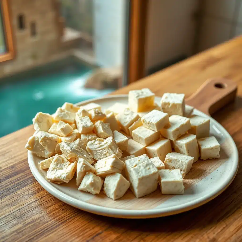Illustrative torn tofu pieces next to cubed tofu