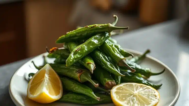 Illustrative blistered shishito peppers with lemon and flaky salt
