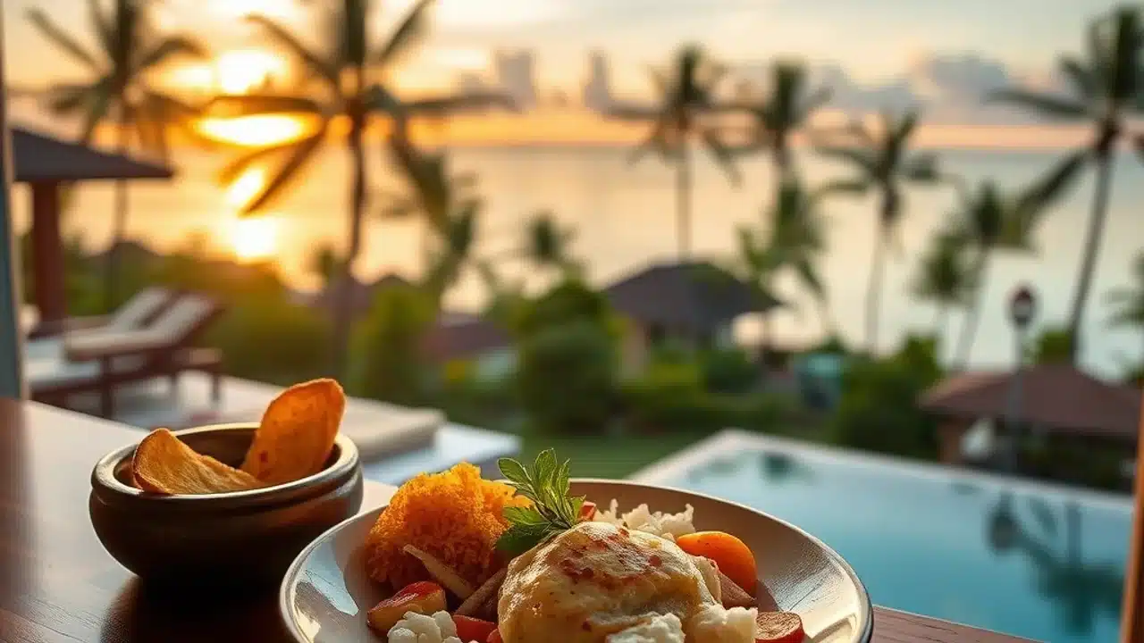 Illustrative Taling Ngam west-coast sunset villa scene on Koh Samui