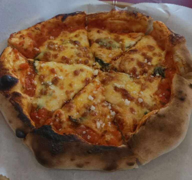 Pizza 100 Margherita with blistered crust, tomato sauce, cheese, and basil
