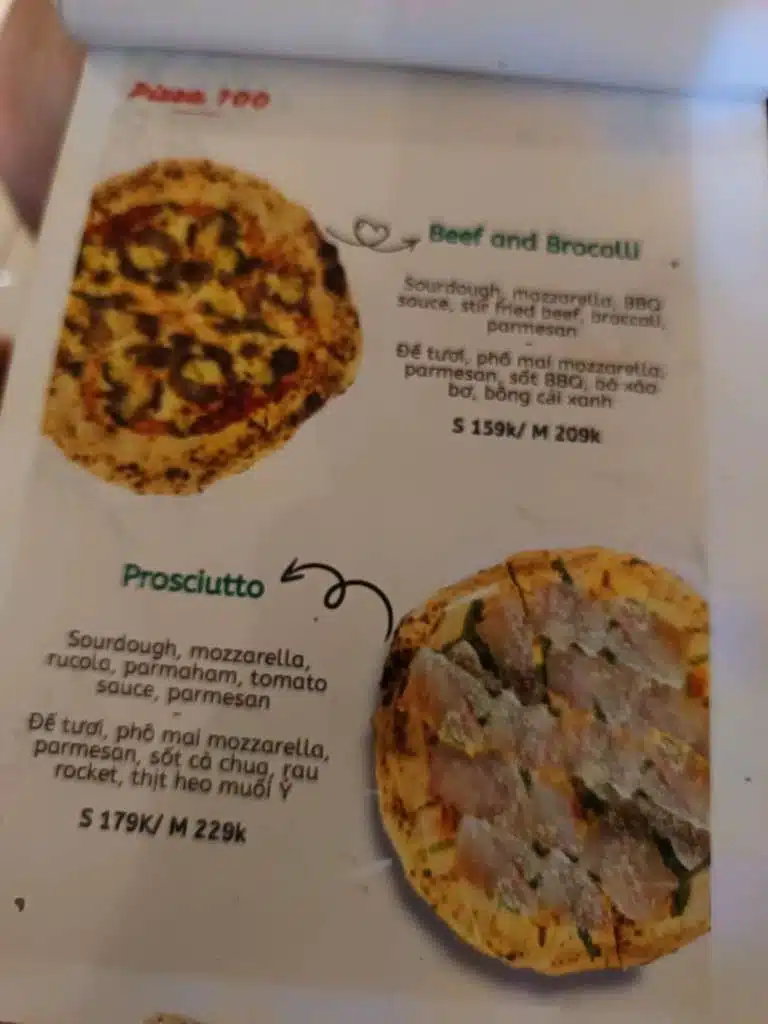 Pizza 100 menu page listing Beef and Broccoli and Prosciutto pizzas