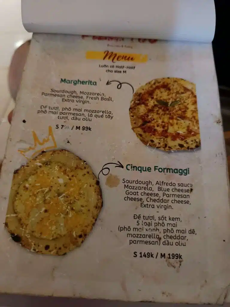 Pizza 100 menu page listing Margherita and Cinque Formaggi pizzas