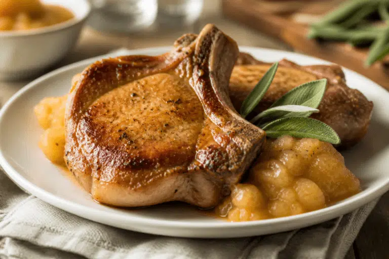 Home 1 Seared pork chops with applesauce on a Sunday family table