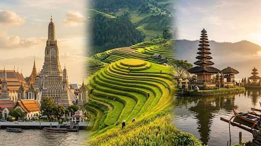 Composite travel photograph: Bangkok riverside temple, terraced rice fields, and a lakeside temple at sunset