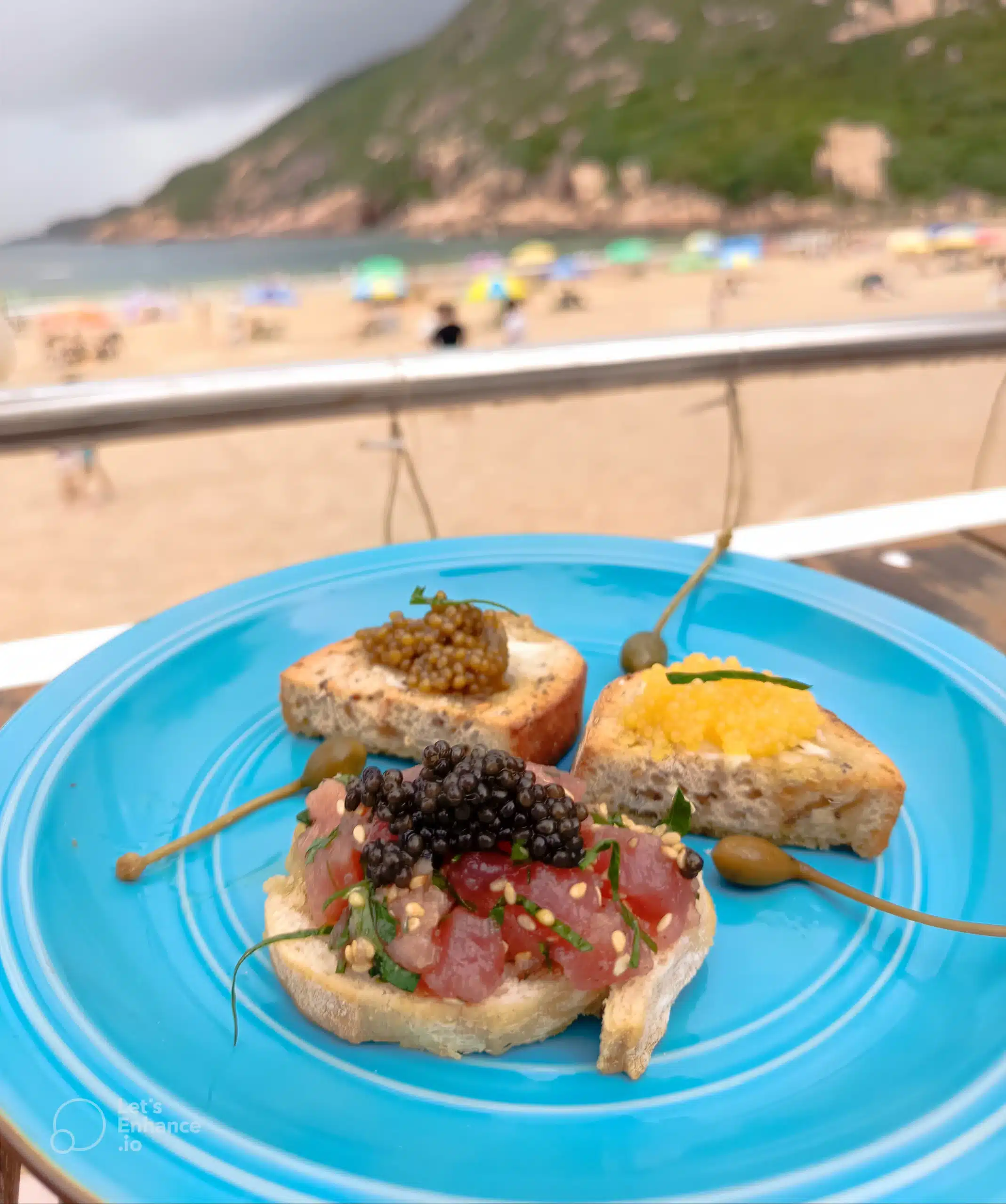 Tuna tartare topped with three types of caviar at Cococabana on Shek O Beach, Hong Kong Island.
